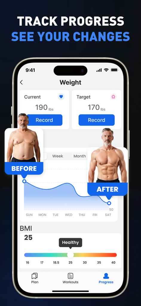Bildschirm zur Verfolgung von Gewicht und Fortschritten, der Vorher-Nachher-Fotos mit einer Gewichtsverlustgrafik und einem BMI-Indikator zeigt.