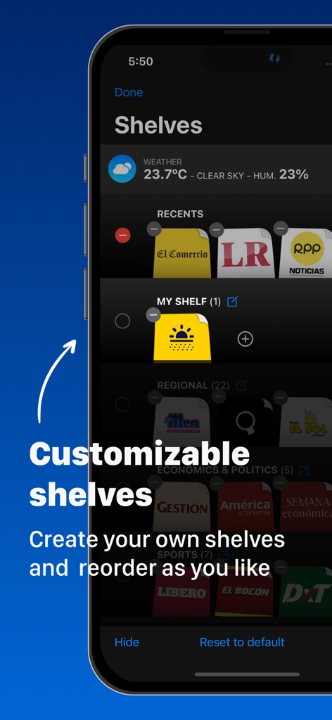 User interface of Peruvian Newspapers app showing customizable news shelves with various newspaper logos