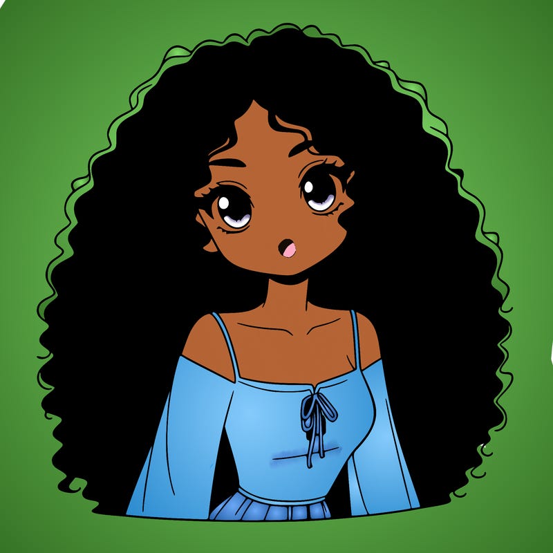 a black anime girl with long afro hair