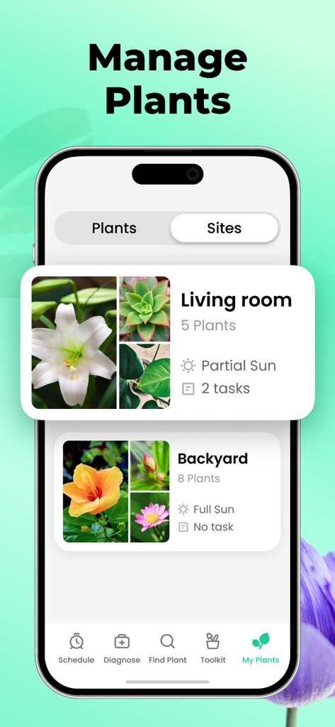 Plant Parent: Plant Care Guide - Plant Parentアプリのインターフェースに、リビングルームや裏庭などの場所ごとに整理された植物管理と特定のケアタスクが表示されている様子
