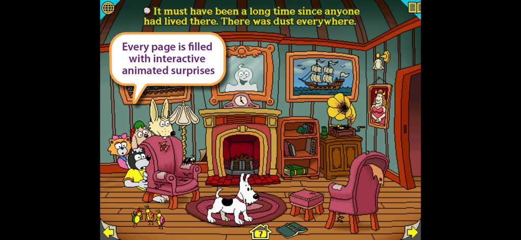 Una escena de la aplicación Harry y la Casa Embrujada que muestra a los personajes en una sala de estar interactiva con una chimenea y un gramófono