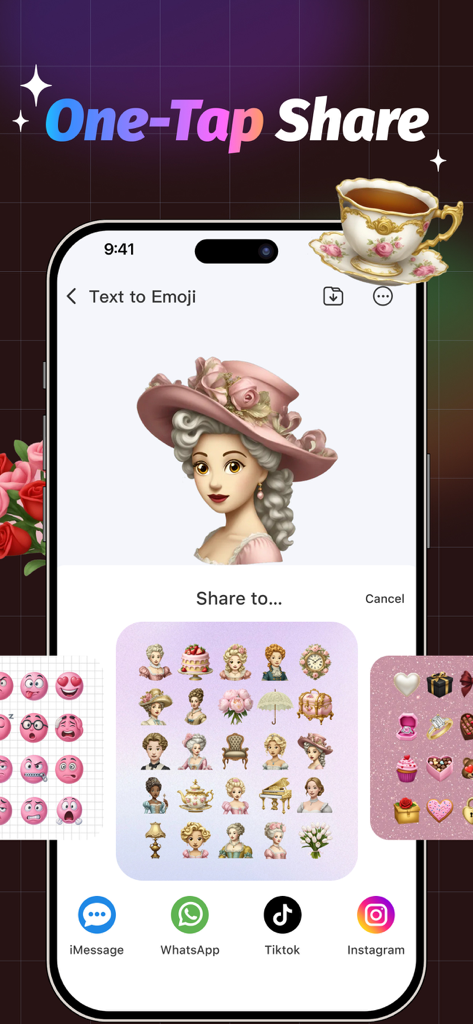 Mobile screen showing Emojito app one tap share feature for custom emoji stickers to social apps like iMessage and TikTok.