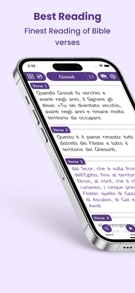 Un teléfono inteligente mostrando la aplicación Biblia Italiana con versos del libro de Josué en una interfaz de lectura limpia.