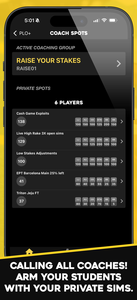PLO+: Pot Limit Omaha Trainer - PLO+ app Coach Spots interface showing private poker simulations for groups