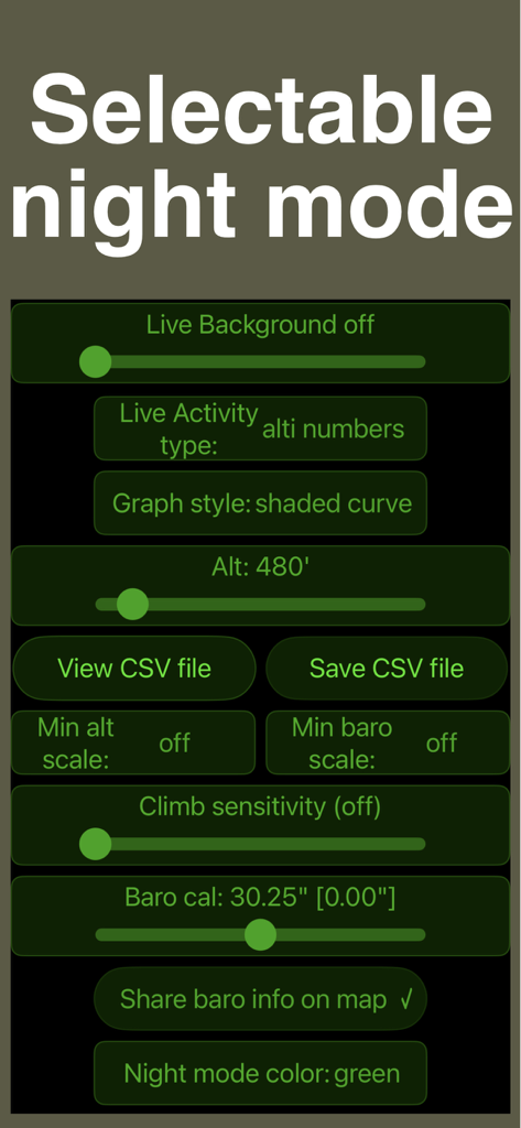 Altimeter & Barometer Pro - Altimeter and Barometer Pro settings screen showing the selectable green night mode interface