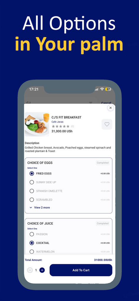 Eazzy Food - Mobile app screen showing meal customization options for a breakfast order on Eazzy Food