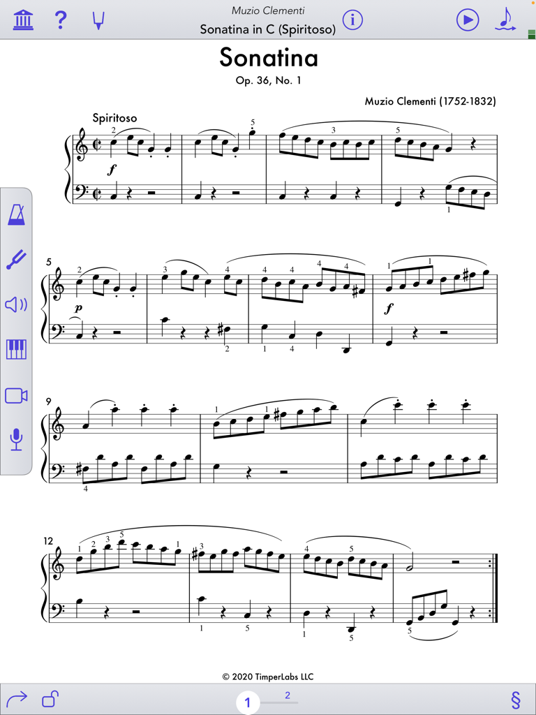 KeyScore app interface showing piano sheet music for Sonatina by Muzio Clementi on an iPad