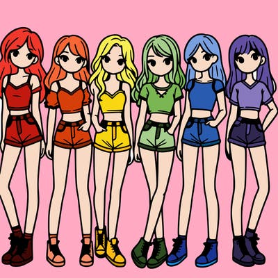 a group of girls wearing crop tops and shorts