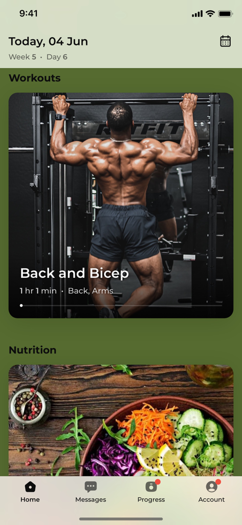 Momentum Fit - The home screen of the Momentum Fit app displaying a personalized back and bicep workout and a nutrition section with a healthy salad bowl.