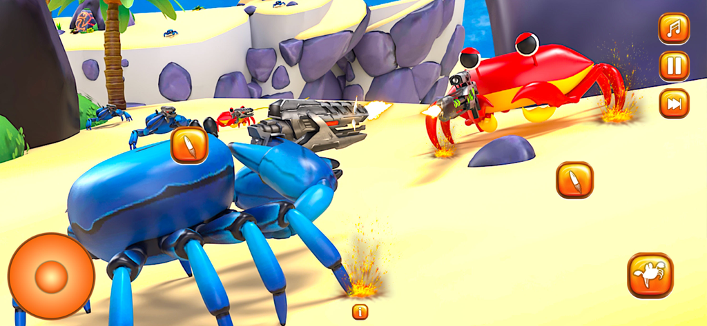 Crab Fight Gun Shooting Games - Un cangrejo azul empuñando un arma futurista lucha contra un cangrejo rojo en una playa tropical en un juego de disparos móvil.