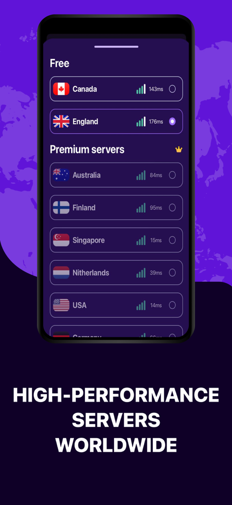 Sensor VPN app interface displaying a list of free and premium global server locations