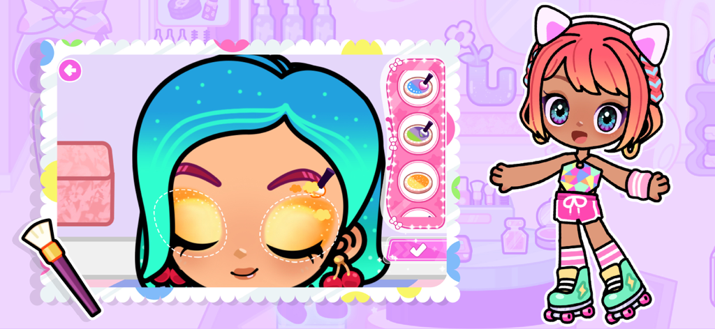 Beauty Salon: Spa & Nail Game - Un personaggio bambola a cui viene applicato un ombretto giallo in un colorato gioco di salone di bellezza