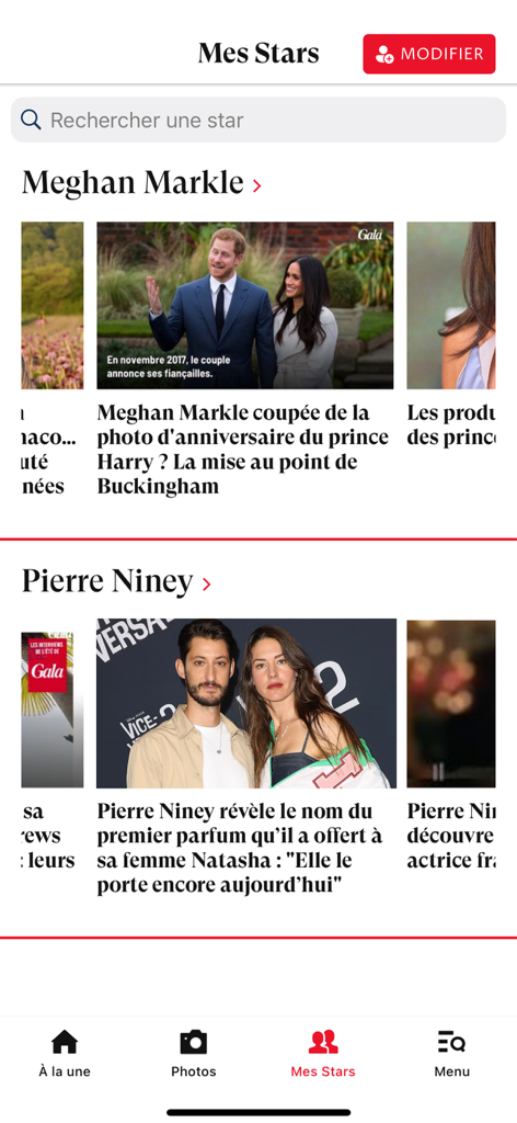 Personalisierter Promi-Nachrichtenfeed in der Gala-App mit Artikeln über Meghan Markle und Pierre Niney