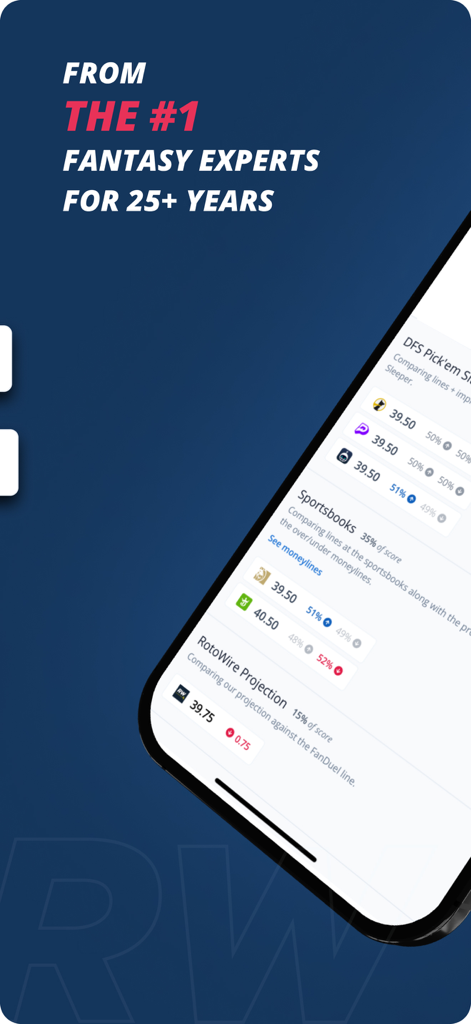 RotoWire Picks app screen showing player prop projections and comparisons across sportsbooks
