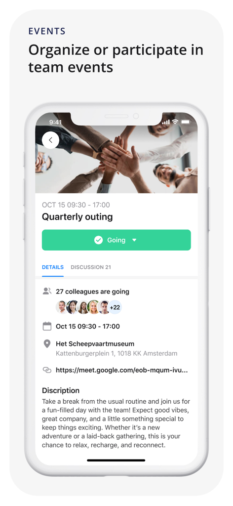 Mobile app screen showing the Oneteam platform events page with a quarterly outing RSVP and event details