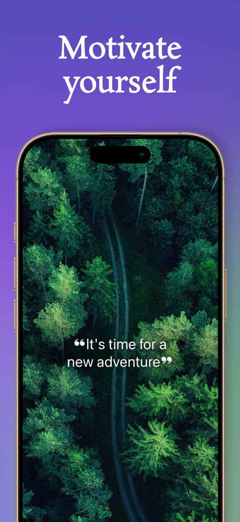 iPhone、モチベーショナル・クォーツ・プロアプリを表示、森の背景と「新しい冒険の時」という引用