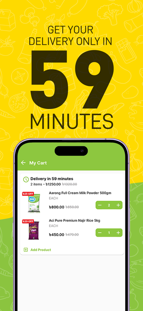 Meena Bazar Online - Meena Bazar Online app interface with a fifty nine minute delivery promise and shopping cart