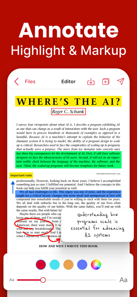 PDF Editor - Fill, Edit & Sign - Smartphone screen displaying a PDF document with yellow, green, and blue highlights and a digital sticky note