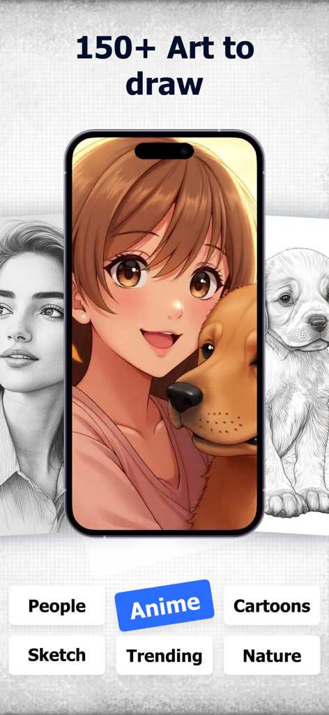 Photo Sketch Maker: Drawing - A smartphone display showing an anime character and a dog with various drawing categories like Anime and Nature below