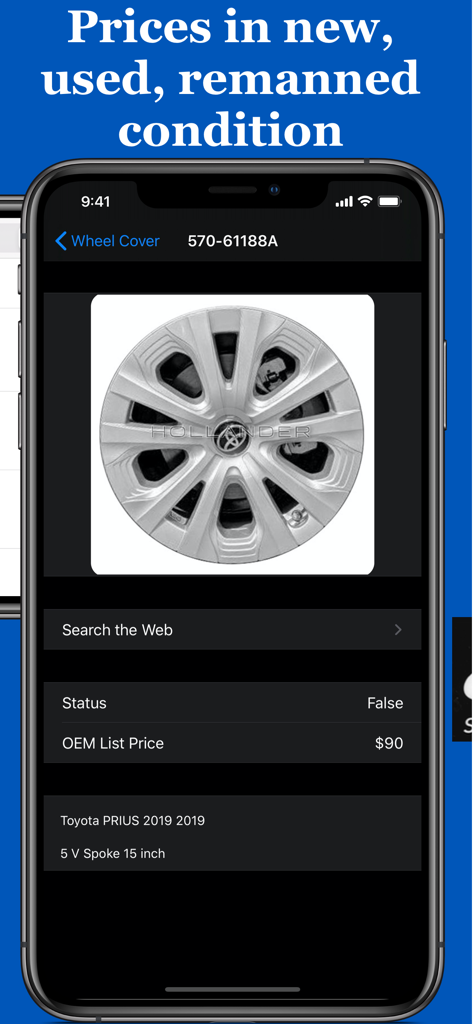 WheelSpotter - Écran de l'application WheelSpotter montrant les prix d'un enjoliveur Toyota Prius 2019