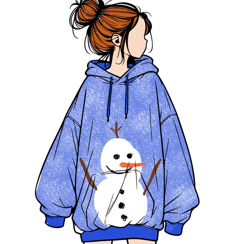 realistic girl with a oversized sweatshirt on and a bun