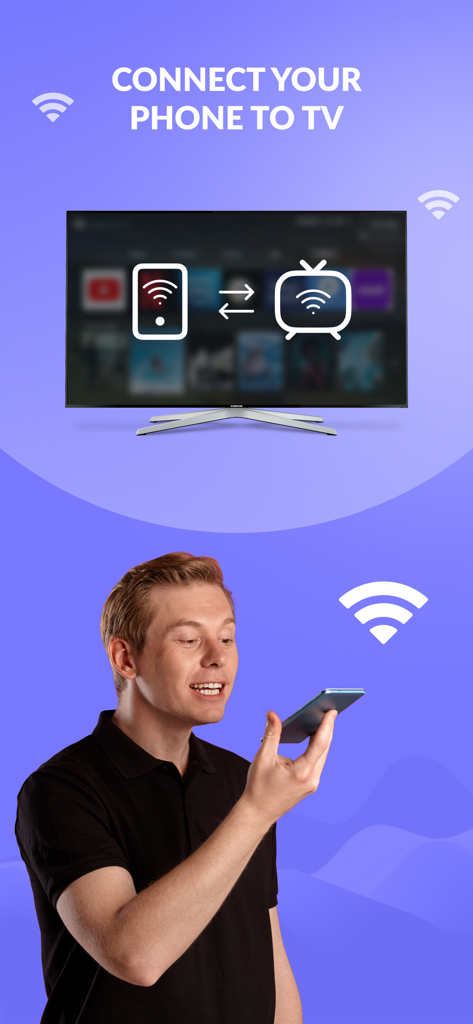 Smart Remote Controller TV - A man holding a phone showing how to connect it to a smart TV via WiFi