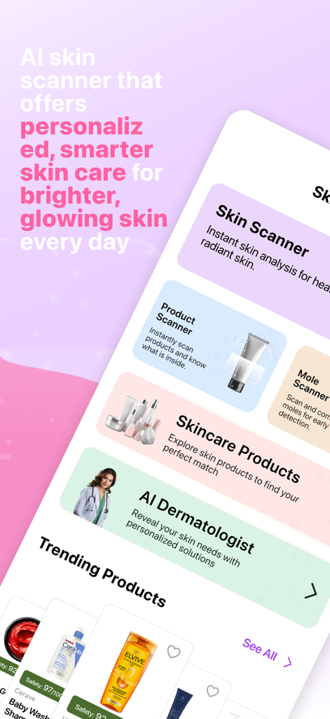 The Skincare Scanner - Derma - Derma mobile app interface featuring AI skin scanner mole tracker and skincare product scanner