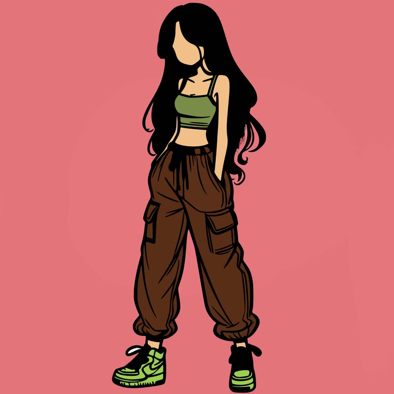 girl in baggy pants crop top and long hair