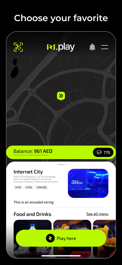 Mobile interface of iZi Play app featuring a map of gaming centers and club information.