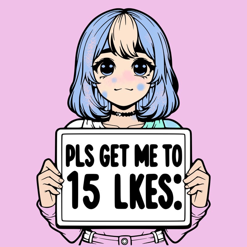 realistic girl holding up a sign that says “pls get me to 15 likes!”