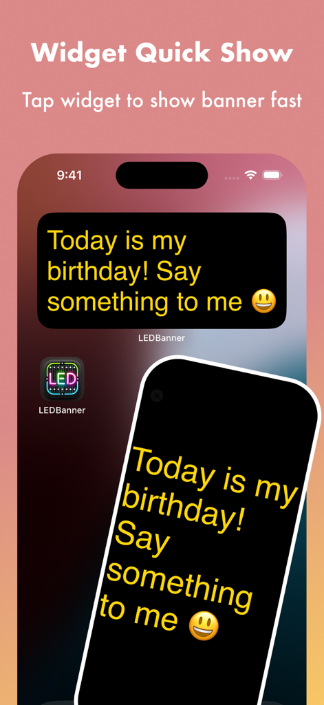 LED Banner • Marquee • Prompt - Una pantalla de smartphone mostrando un widget para la app LED Banner con un mensaje de cumpleaños