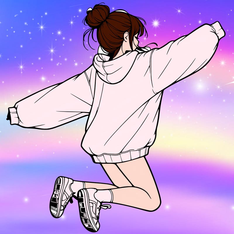 realistic girl jumping with a bun and oversized sweatshirt
