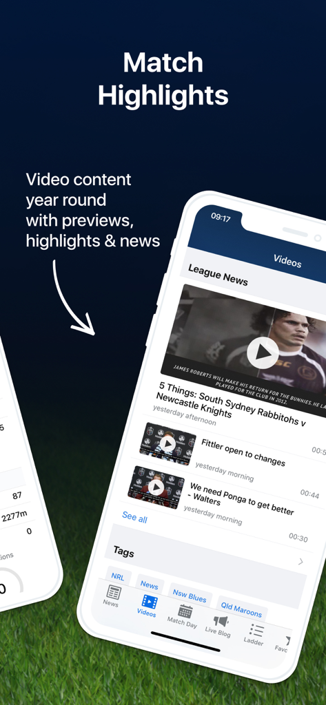 A smartphone screen displaying the match highlights and video news section of the Rugby League Live app.