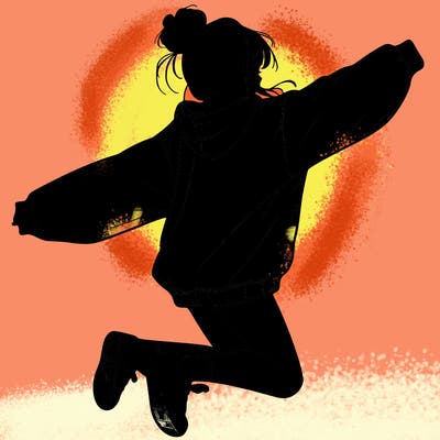 realistic girl jumping with a bun and oversized sweatshirt