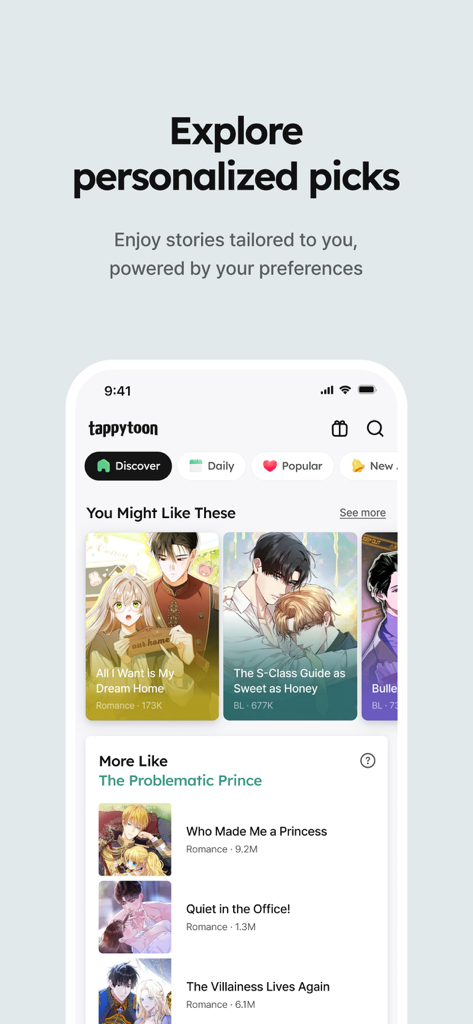 Tappytoon Comics & Novels - 사용자 기본 설정에 따라 개인화된 만화 선택 및 추천 제목을 보여주는 타피툰 앱 인터페이스