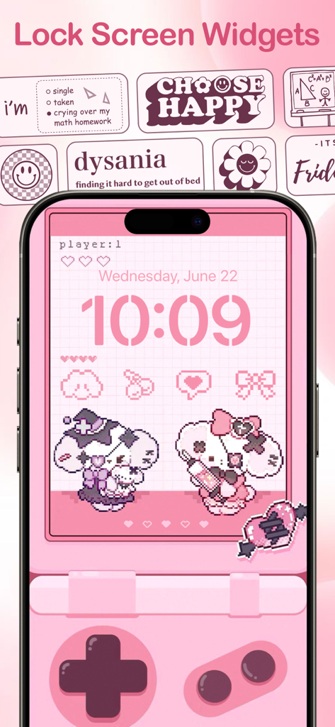 Themelia: Theme & Widget - Custom pink aesthetic lock screen with pixel art widgets and a gaming theme on iPhone