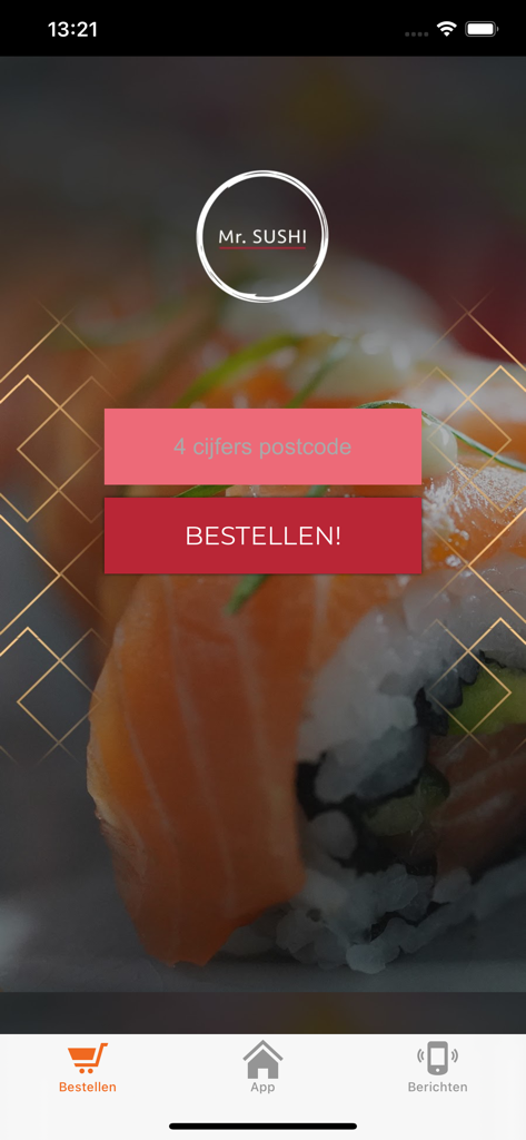 Mr. Sushi - Schermata principale dell'app Mr. Sushi con un campo per l'inserimento del CAP e un pulsante di ordine su uno sfondo di roll di sushi