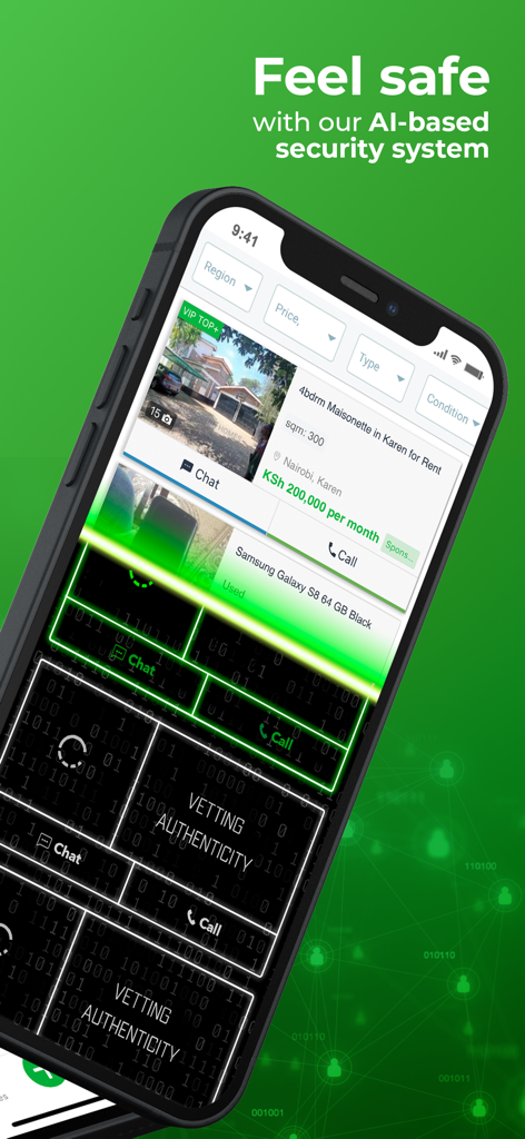 iPhone screen displaying Jiji Kenya app with AI-based security system and real estate listings.