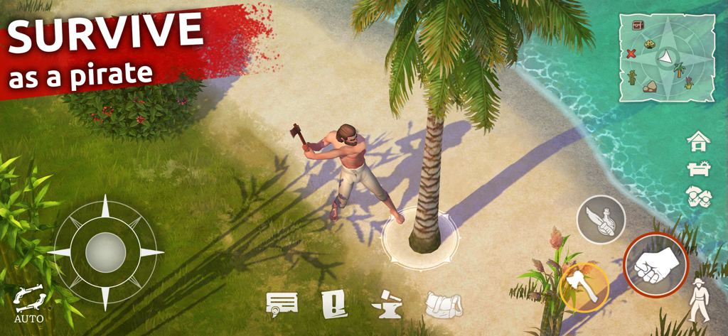 Mutiny: Pirate Survival RPG - Personaggio pirata che raccoglie risorse su una spiaggia di un'isola tropicale in Mutiny Pirate Survival RPG