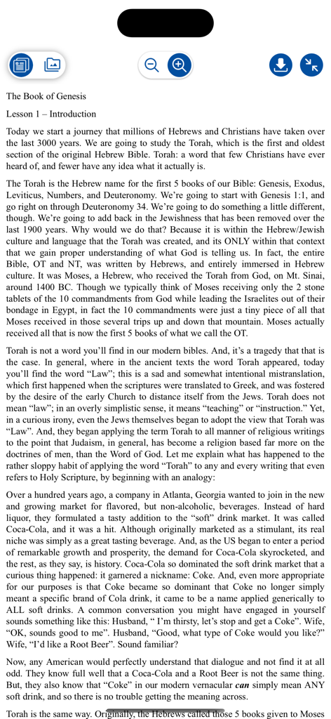 Torah Class - Torah Class app displaying a text transcript for Genesis Lesson 1