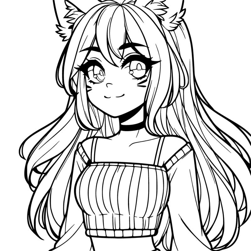 a girl with a warm expression wolf ears and long hair wearing a crop top