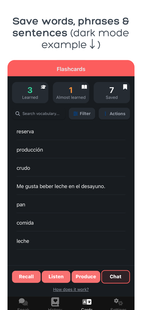 Langua: AI language learning - Pantalla de tarjetas de vocabulario de la aplicación Langua en modo oscuro que muestra palabras y frases guardadas en español con estadísticas de progreso de aprendizaje.