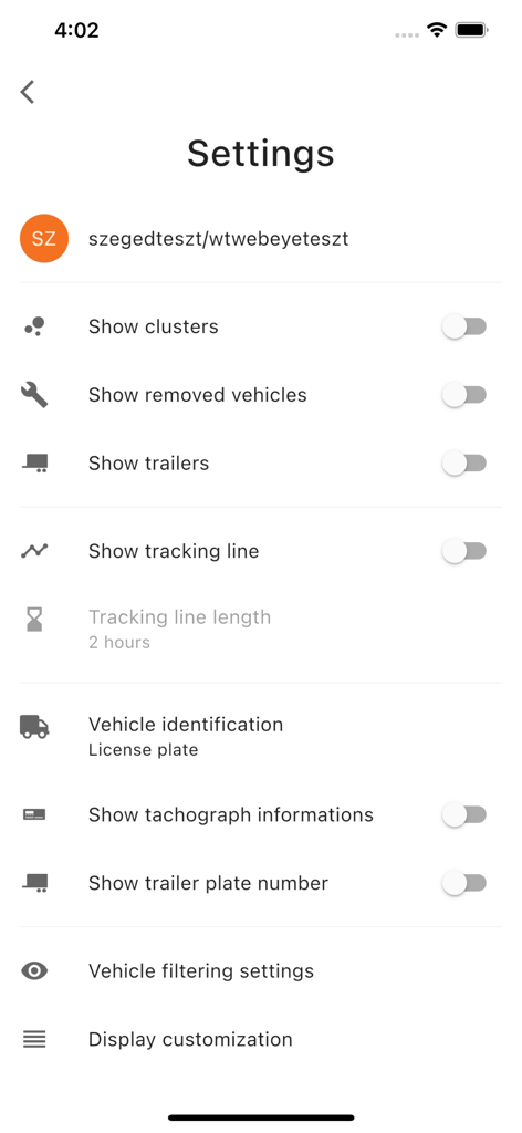 Tela de configurações do aplicativo Monitor Mobile mostrando opções de configuração de rastreamento de frota e exibição de veículos.