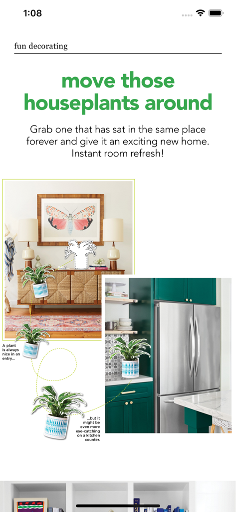 HGTV Magazine US - Digital magazine page showing tips on rearranging houseplants for an instant home decor refresh.