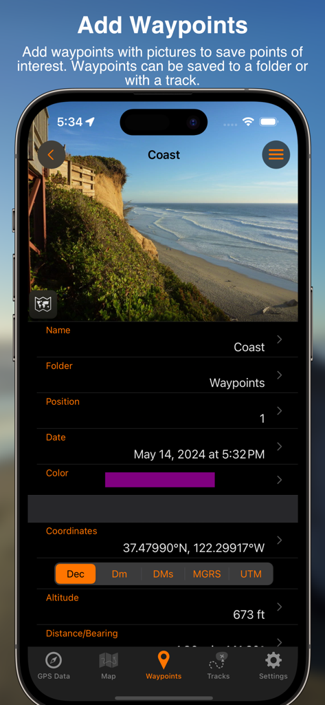 Añadiendo un waypoint costero con foto y coordenadas en la aplicación GPS Tracks