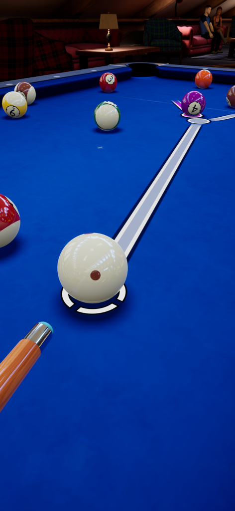 Gameplay di biliardo 3D realistico in modalità verticale che mostra guide di mira.