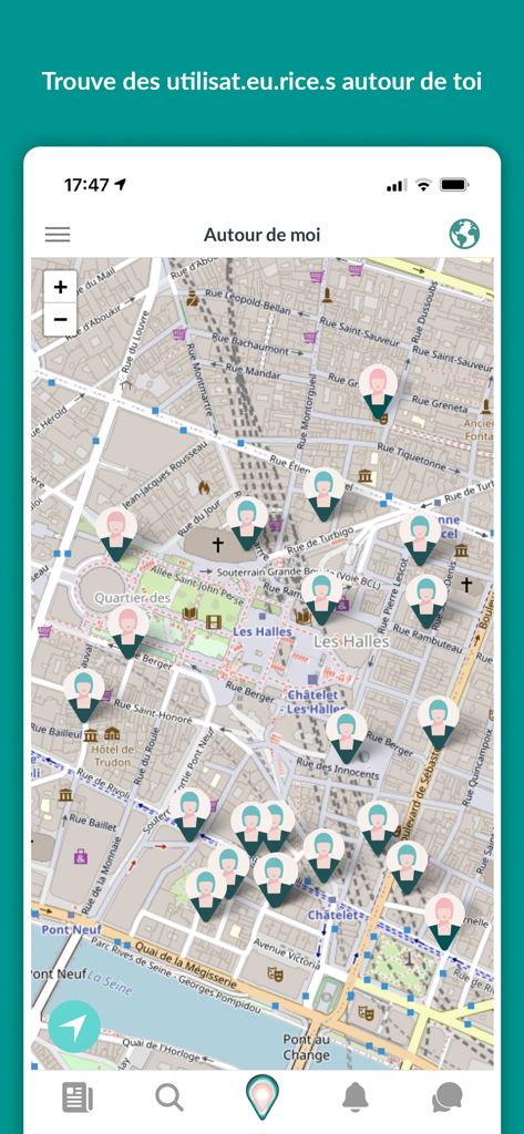 A map interface showing the locations of nearby community members for mutual support and safety within THE SORORITY app.
