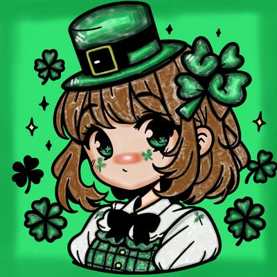 a manga-style girl with clovers around her, a little hat in her hair, like it's saint patrick's day