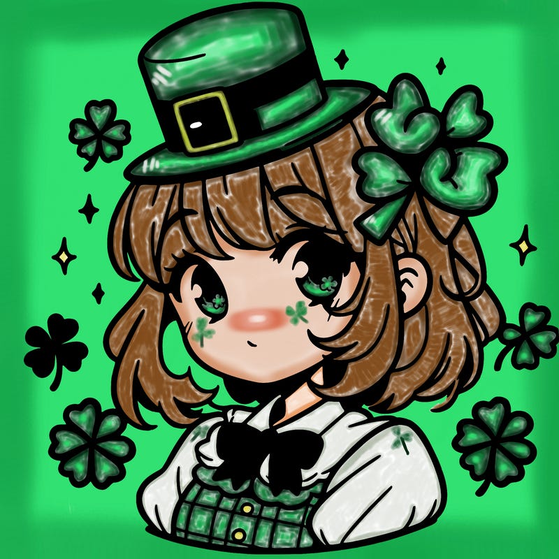 a manga-style girl with clovers around her, a little hat in her hair, like it's saint patrick's day