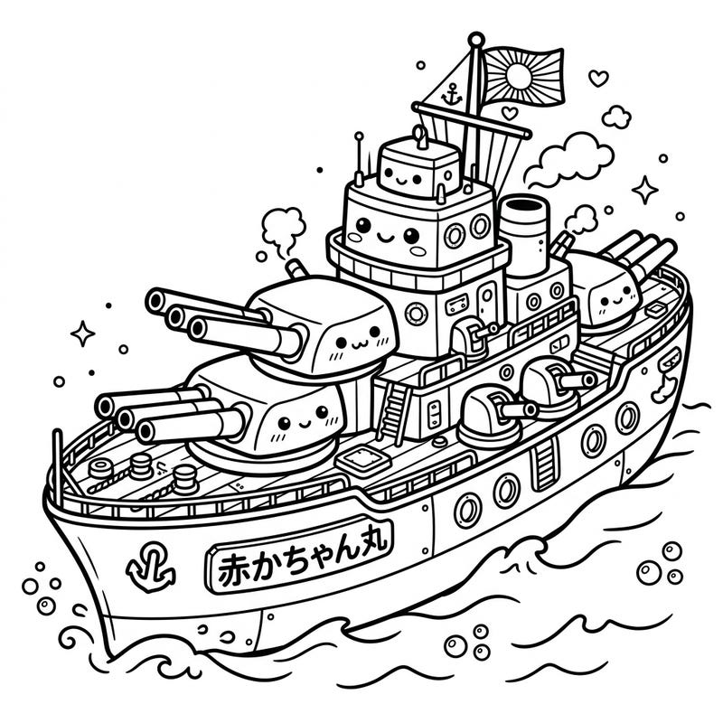 Dive into a unique coloring experience with this adorable Kawaii Dreadnought. This charming battleship, complete with cute faces and intricate details, promises hours of creative fun for all ages.
